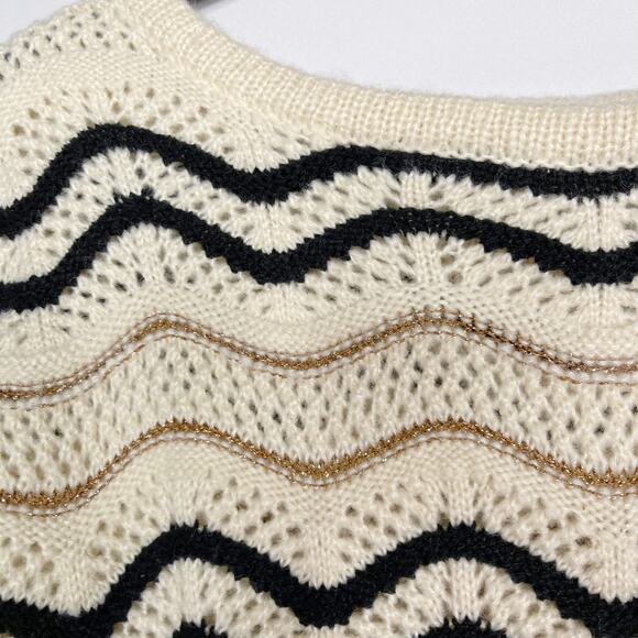 New Skies Are Blue Medium M Cream Black Gold Chevron Striped Open Knit Sweater - Picture 6 of 10